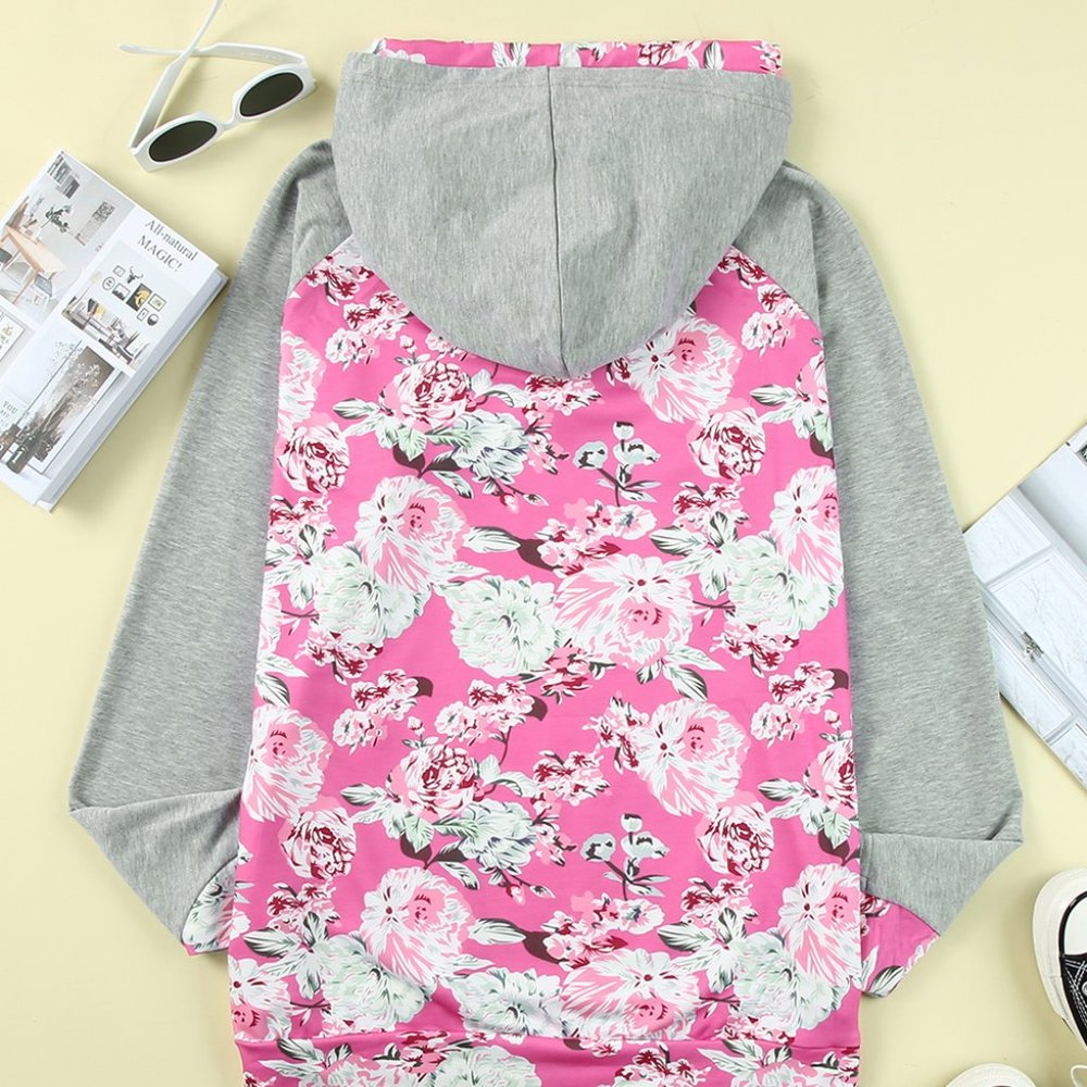 Light Pink Floral Hoodie Plus Size with zipper accent (Pink & Gray) - Picture 4 of 10